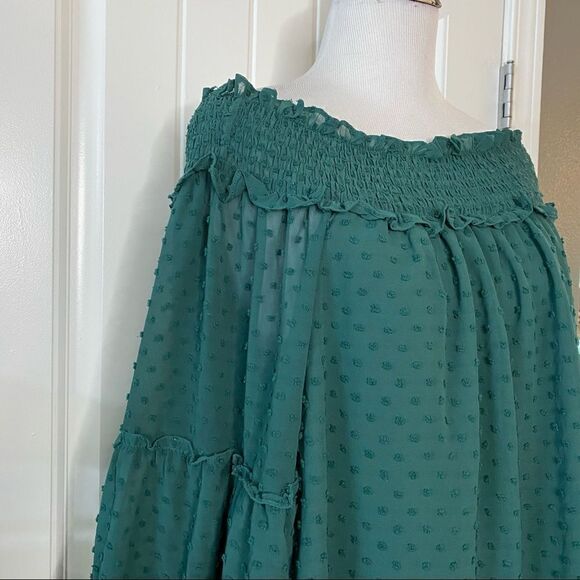 Entro Green Off Shoulder Blouse Swiss Dot Cropped Sleeves - Picture 2 of 11